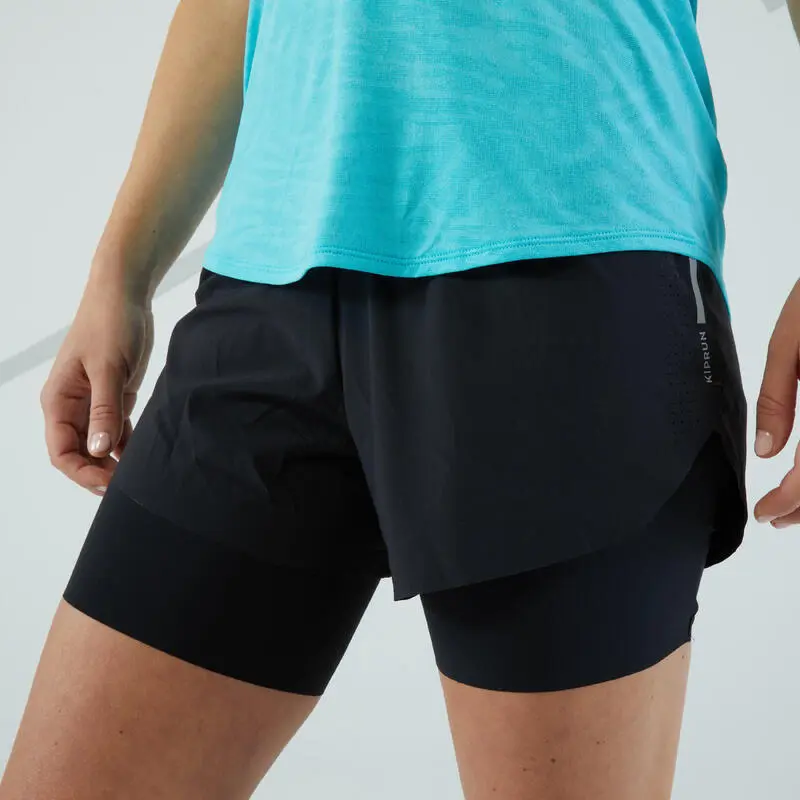Pantalón Corto 2 En 1 Running Mujer - KIPRUN MARATHON Negro - Imagen 3